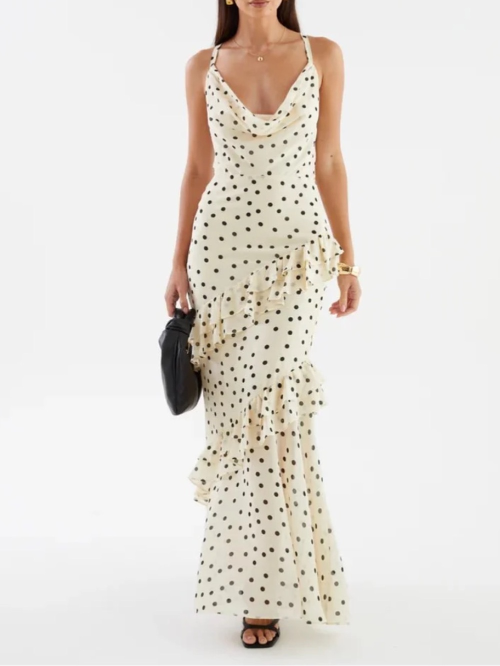 Cream Polka Dot Ruffle Maxi Dress